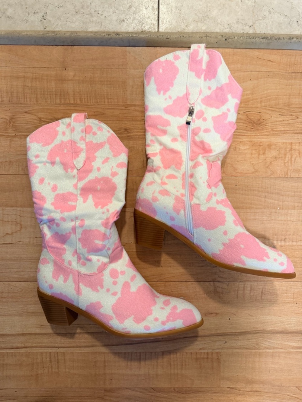 Pink & White Splash Mid-Calf Heeled Boots - Picture 3 of 5